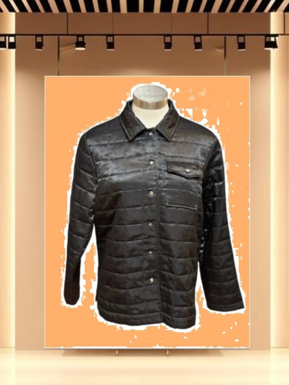SPANNER Women's Jacket Shacket Black Satin Quilted Crystal Buttons Size L